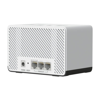 Mercusys Halo H27BE Mesh Wi-Fi 7 2-pak, ventilation, strøm, nulstilling og 3 Ethernet LAN-porte.