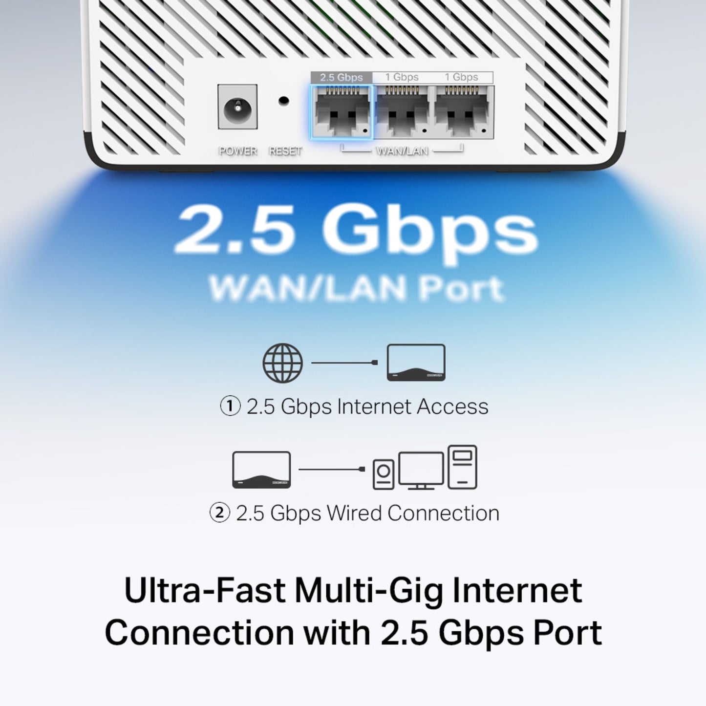 Mercusys Halo H27BE Mesh Wi-Fi 7 2-pak bagside med 2,5 Gbps WAN/LAN, til 1 Gbps port og power/reset-knapper.