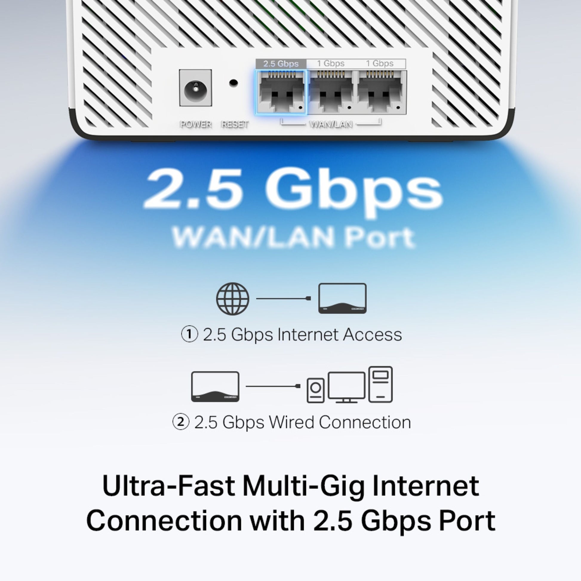 Mercusys Halo H27BE Mesh Wi-Fi 7 2-pak bagside med 2,5 Gbps WAN/LAN, til 1 Gbps port og power/reset-knapper.