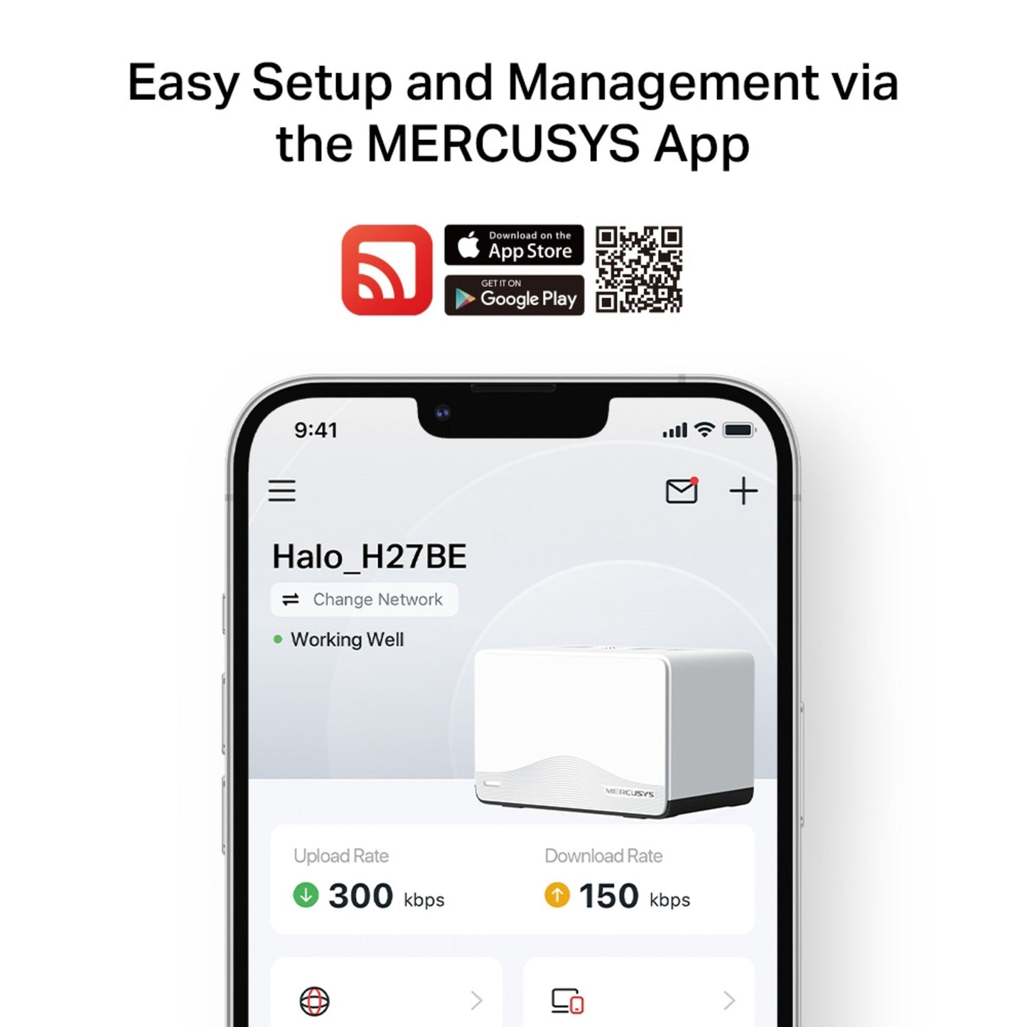 Mercusys Halo H27BE Mesh Wi-Fi 7 2-pakke på smartphone i app med netværksstatistik, App Store og Google Play ikoner, QR-kode.