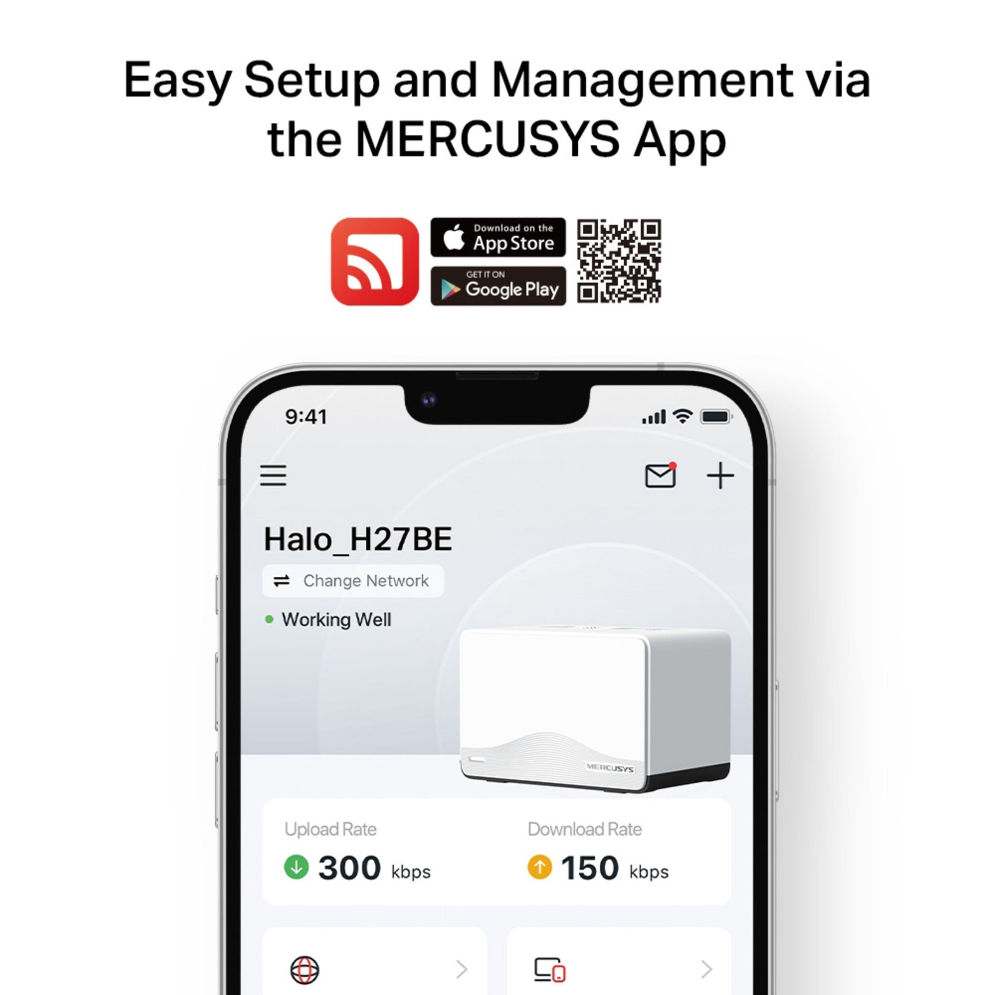 Mercusys Halo H27BE Mesh Wi-Fi 7 2-pakke på smartphone i app med netværksstatistik, App Store og Google Play ikoner, QR-kode.