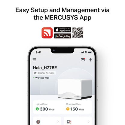 Mercusys Halo H27BE Mesh Wi-Fi 7 2-pakke på smartphone i app med netværksstatistik, App Store og Google Play ikoner, QR-kode.