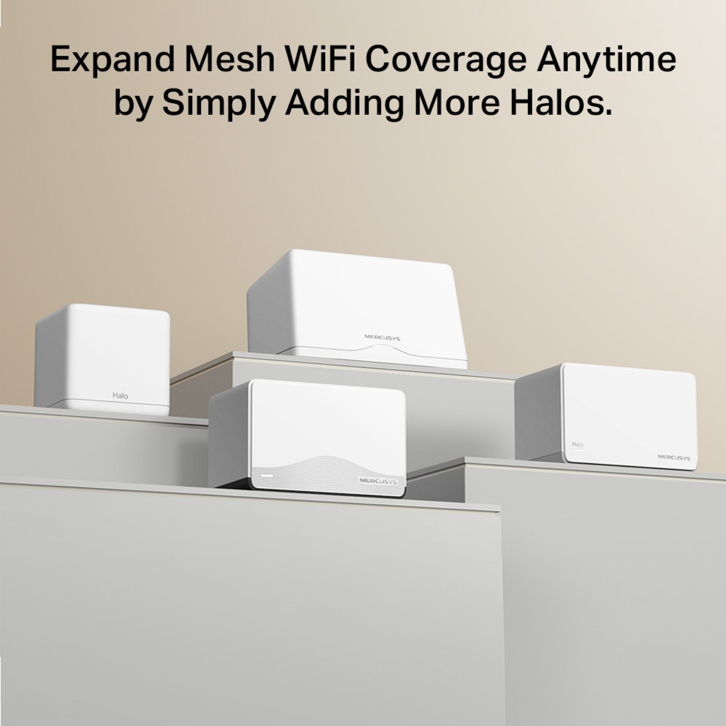 Mercusys Halo H27BE Mesh Wi-Fi 7 to enheder på platform med teksten Udvid Mesh WiFi-dækningen når som helst ved blot at tilføje flere Halos.