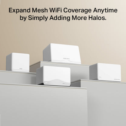 Mercusys Halo H27BE Mesh Wi-Fi 7 to enheder på platform med teksten Udvid Mesh WiFi-dækningen når som helst ved blot at tilføje flere Halos.