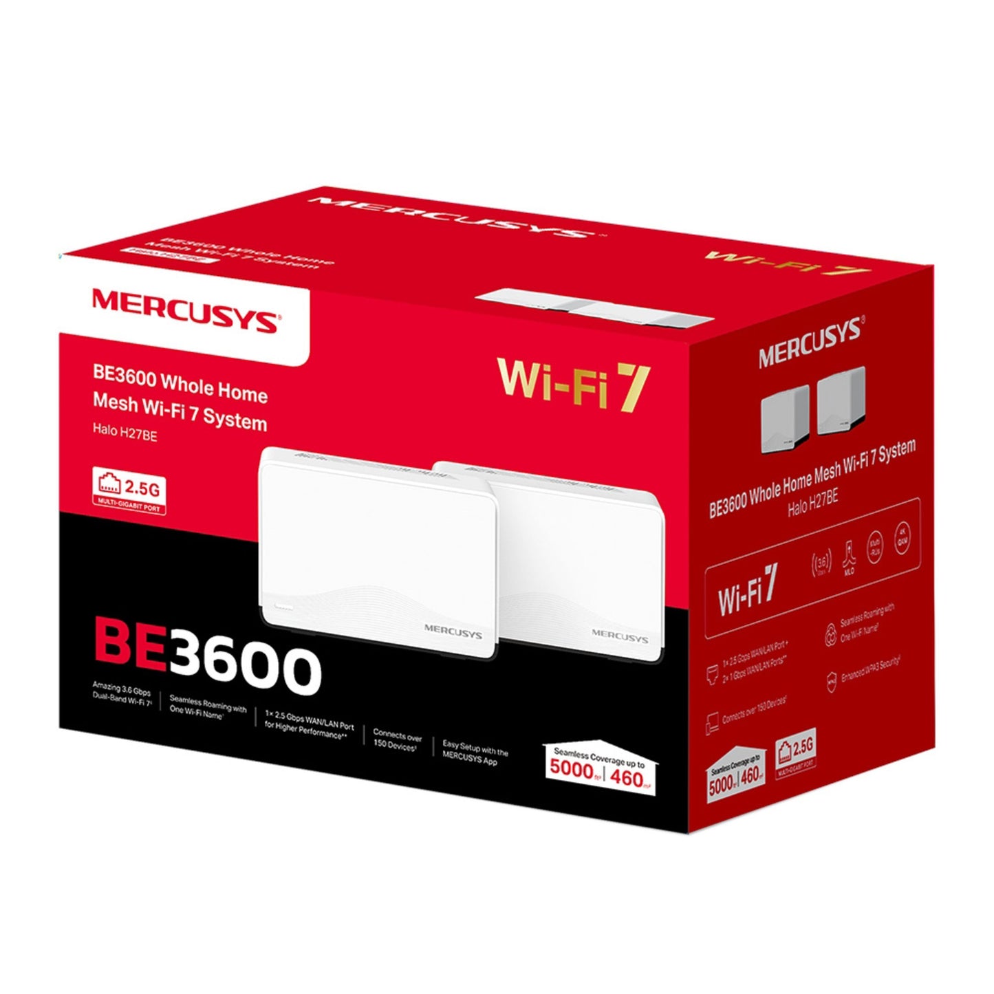 Mercusys Halo H27BE Mesh Wi-Fi 7 2-pak, til hvide enheder, 2.5G porte, dækning op til 5000 sq.ft., model Halo H27BE.