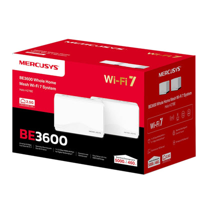 Mercusys Halo H27BE Mesh Wi-Fi 7 2-pak, til hvide enheder, 2.5G porte, dækning op til 5000 sq.ft., model Halo H27BE.