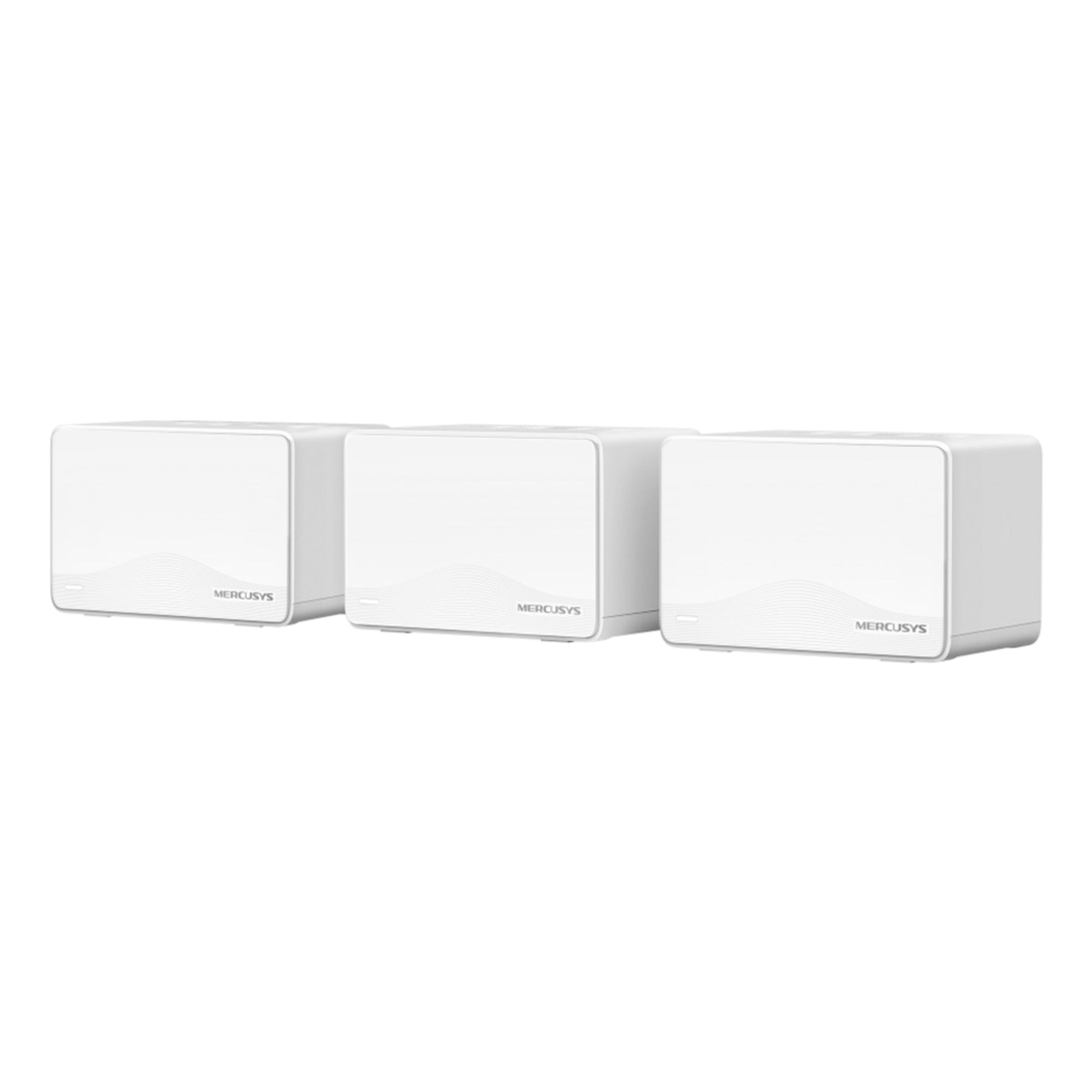 Mercusys Halo H25BE Mesh Wi-Fi 7, tre hvide enheder med logo på fronten, pakke med 3.