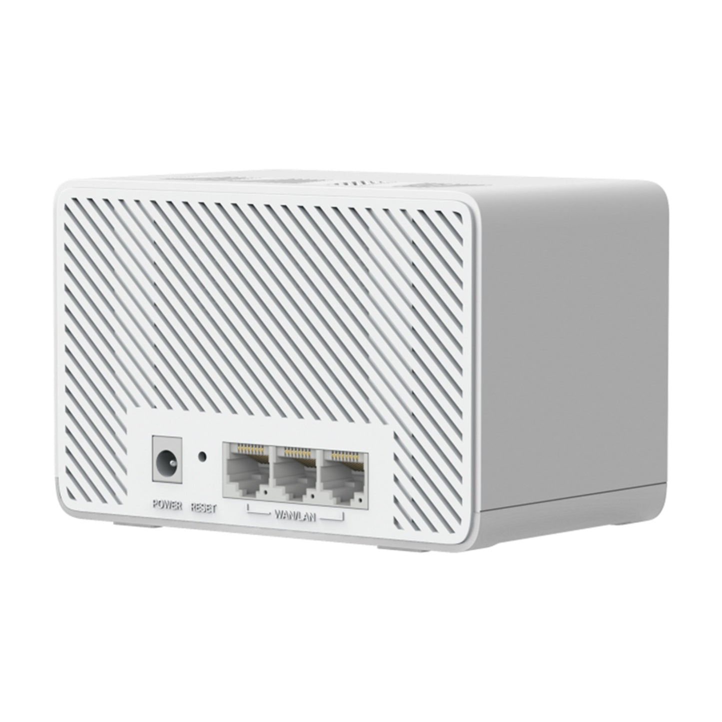 Mercusys Halo H25BE Mesh Wi-Fi 7 3-pakke hvid rektangulær router med diagonale slids, 3 Ethernet-porte, strømstik og reset.