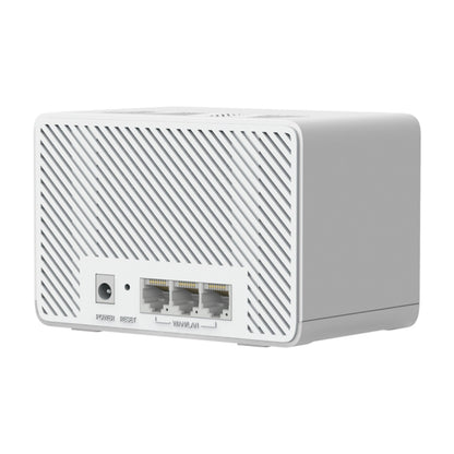 Mercusys Halo H25BE Mesh Wi-Fi 7 3-pakke hvid rektangulær router med diagonale slids, 3 Ethernet-porte, strømstik og reset.