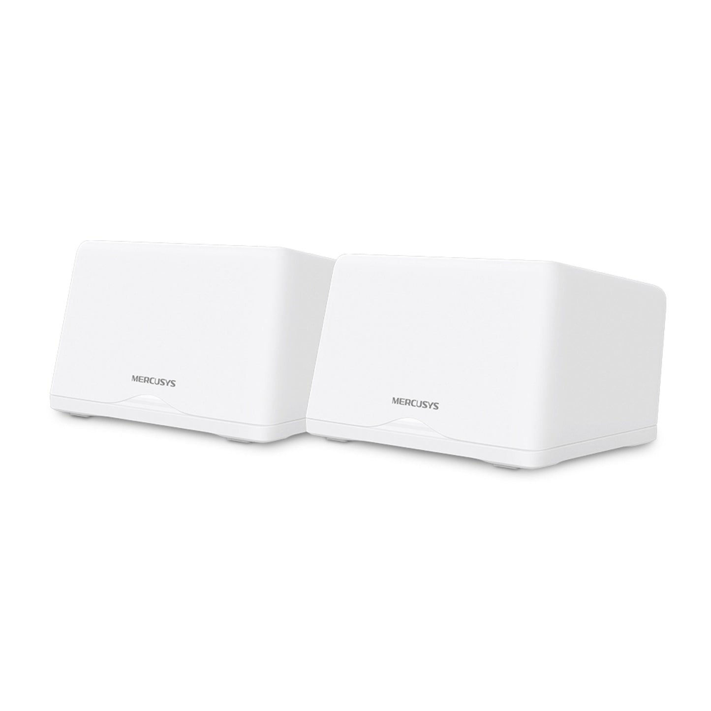 Mercusys Halo H47BE Mesh Wifi 7-system til at hvide rektangulære routere ved siden af hinanden.