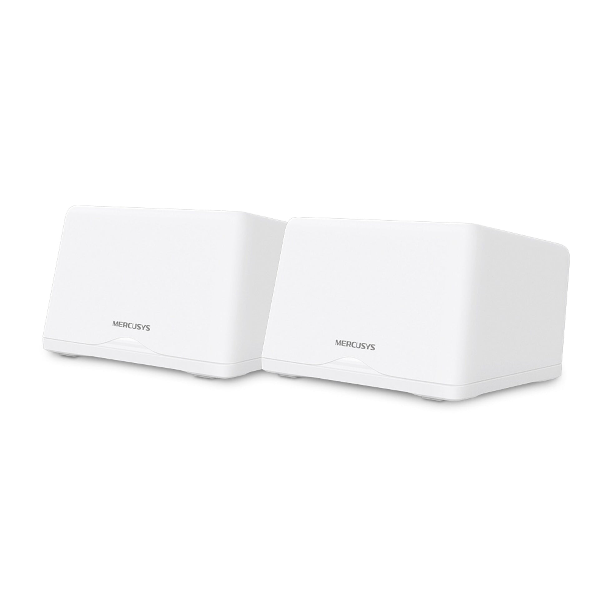 Mercusys Halo H47BE Mesh Wifi 7-system til at hvide rektangulære routere ved siden af hinanden.