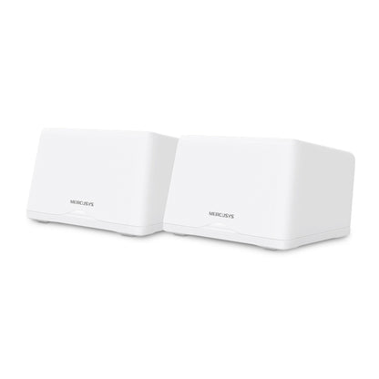 Mercusys Halo H47BE Mesh Wifi 7-system til at hvide rektangulære routere ved siden af hinanden.