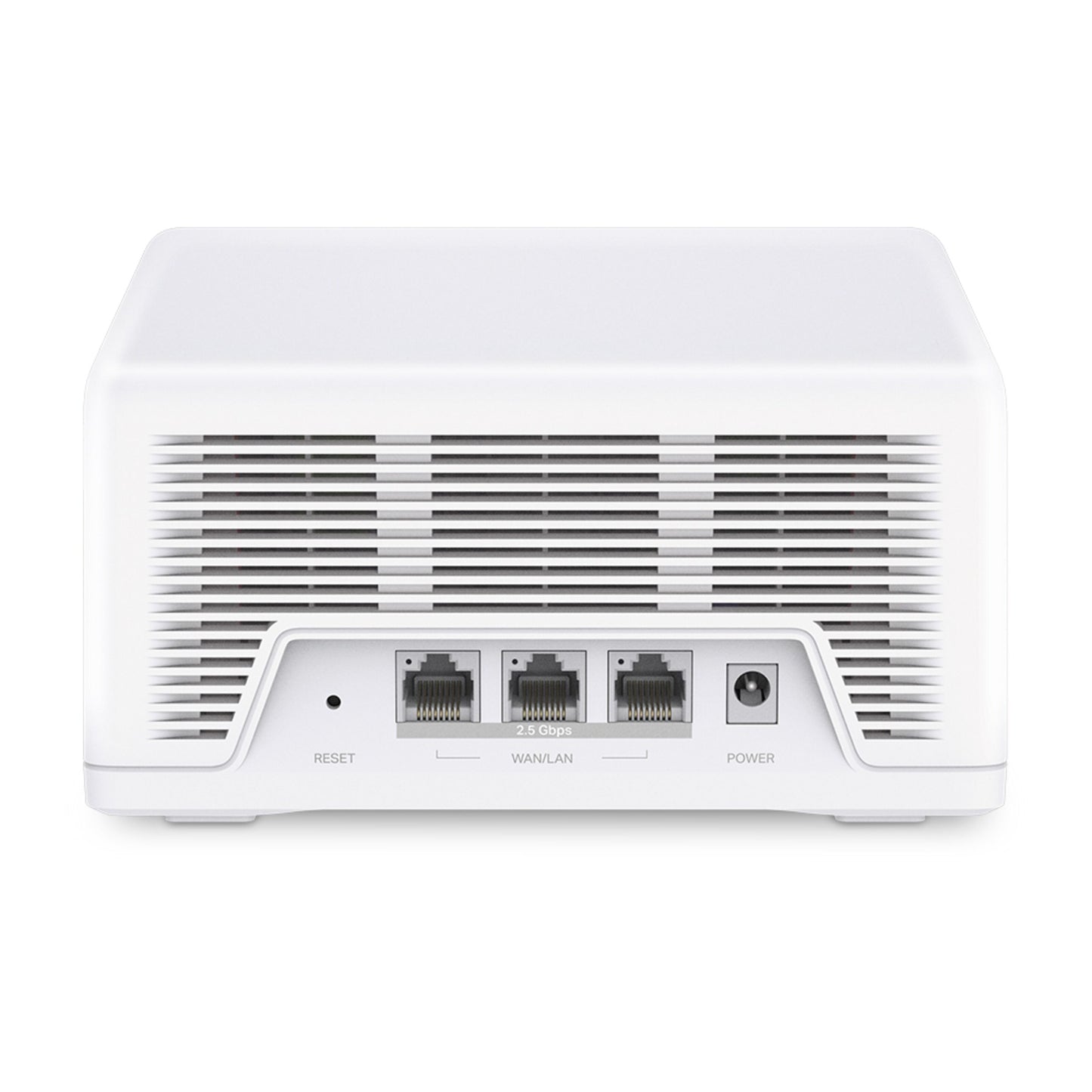 Mercusys Halo H47BE Mesh Wifi 7-system 2-pack bagfra med reset-knap, tre 2,5 Gbps WAN/LAN-porte og strømport.