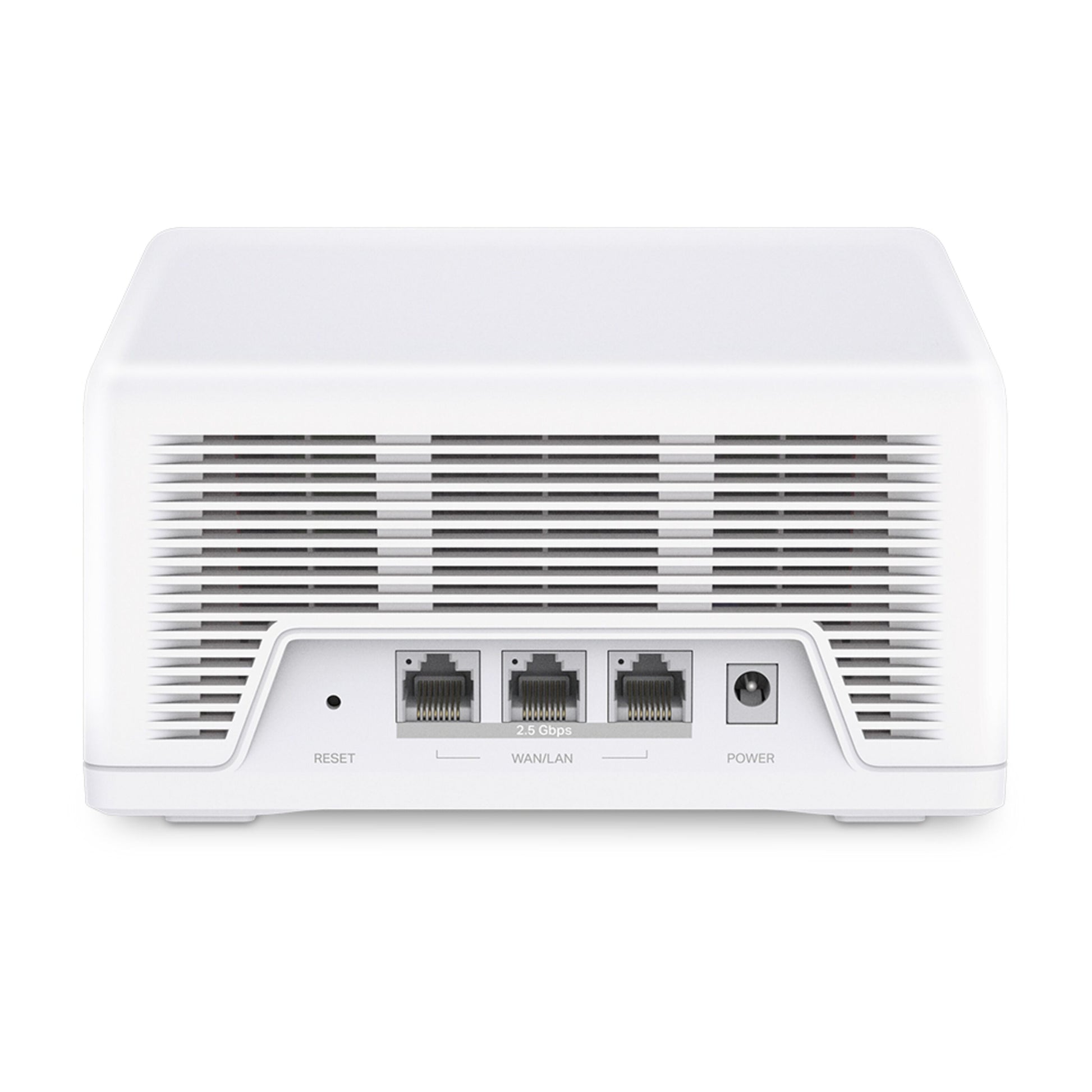 Mercusys Halo H47BE Mesh Wifi 7-system 2-pack bagfra med reset-knap, tre 2,5 Gbps WAN/LAN-porte og strømport.
