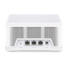 Mercusys Halo H47BE Mesh Wifi 7-system 2-pack bagfra med reset-knap, tre 2,5 Gbps WAN/LAN-porte og strømport.