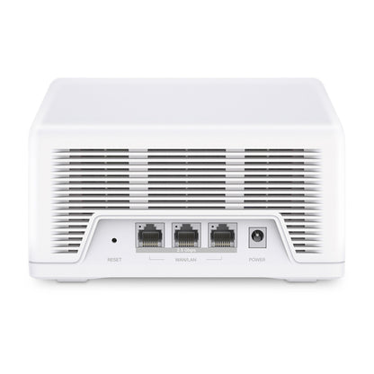 Mercusys Halo H47BE Mesh Wifi 7-system 2-pack bagfra med reset-knap, tre 2,5 Gbps WAN/LAN-porte og strømport.