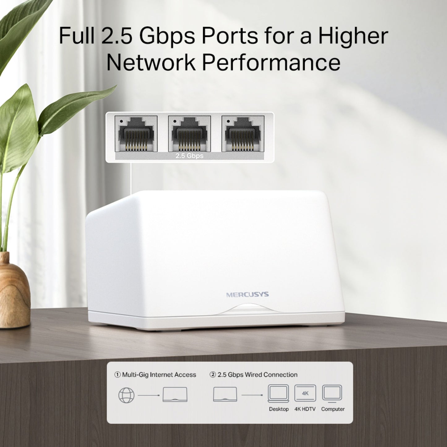 Mercusys Halo H47BE Mesh Wifi 7-system 2-pack med tre 2,5 Gbps porte ved siden af plante.