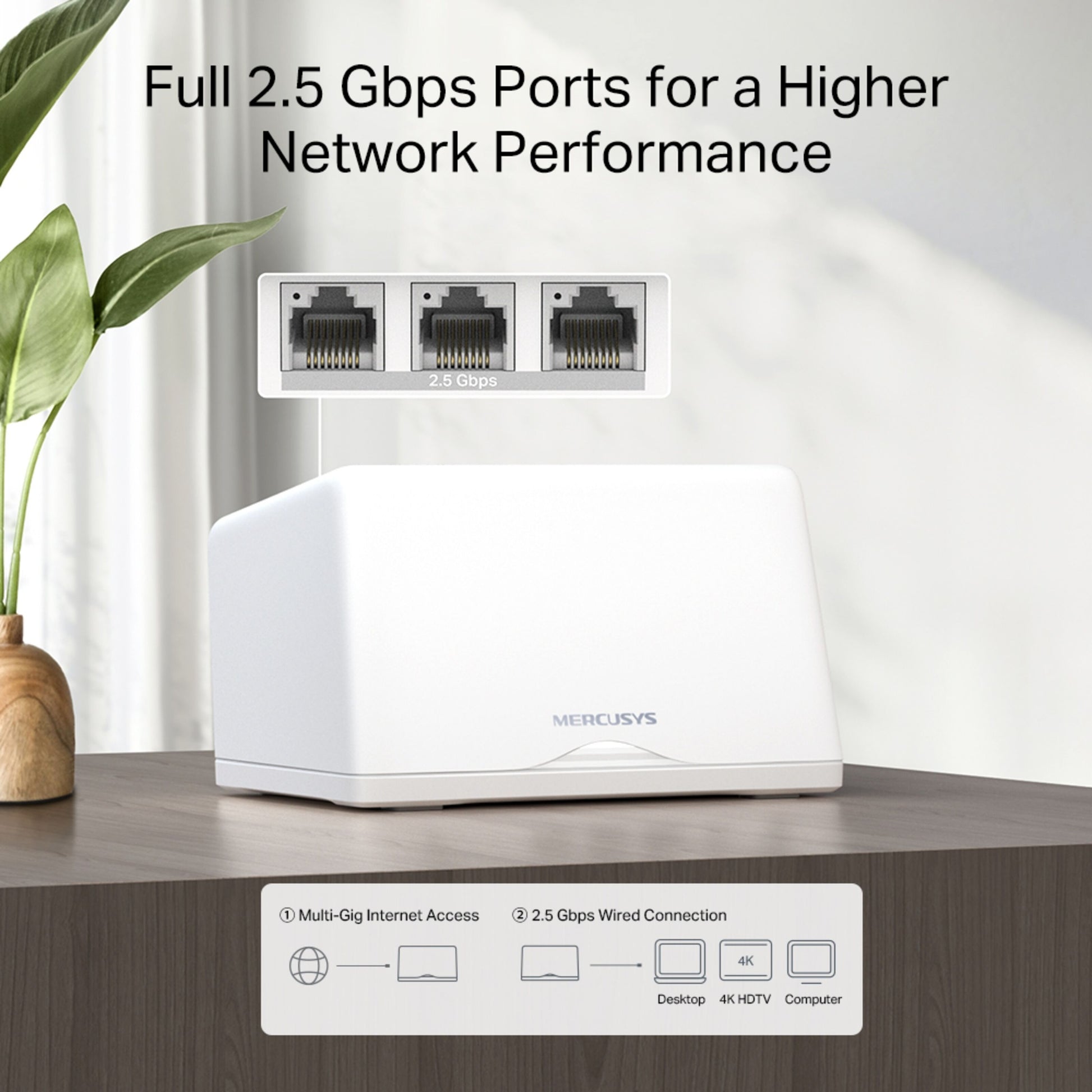 Mercusys Halo H47BE Mesh Wifi 7-system 2-pack med tre 2,5 Gbps porte ved siden af plante.