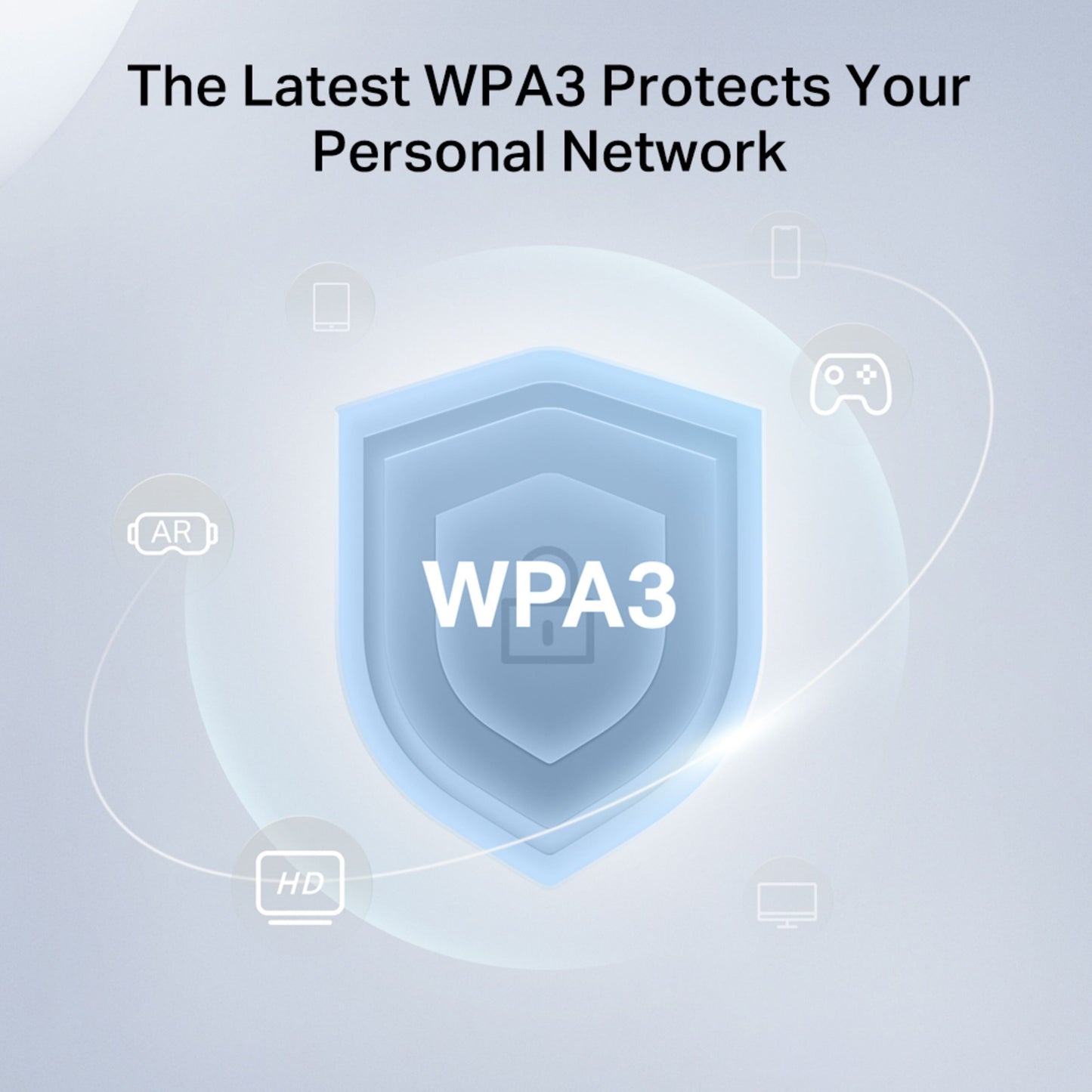 Mercusys Halo H47BE Mesh Wifi 7 2-pack blå skjold WPA3 i midten omgivet af enheder, tekst: WPA3 og Wi-Fi 7.