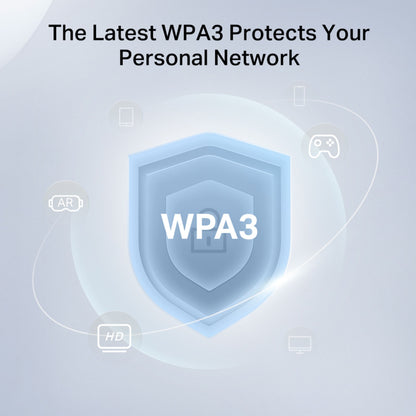 Mercusys Halo H47BE Mesh Wifi 7 2-pack blå skjold WPA3 i midten omgivet af enheder, tekst: WPA3 og Wi-Fi 7.