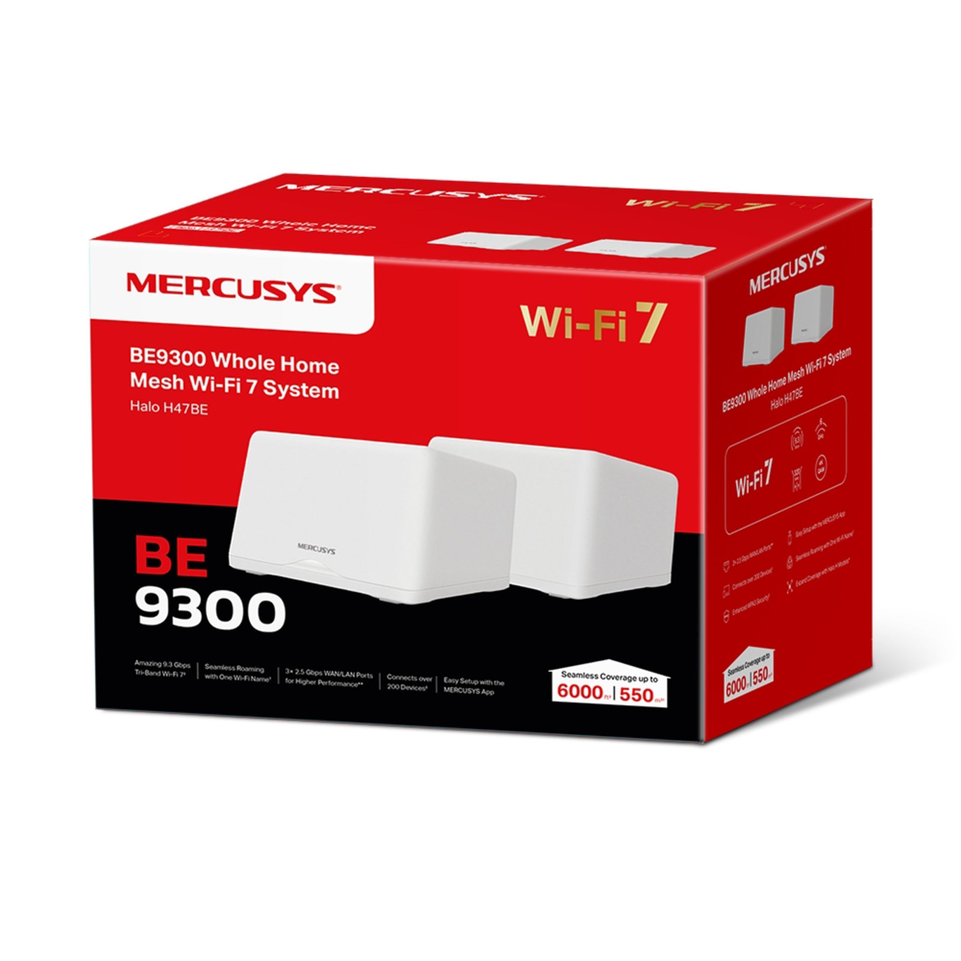 Mercusys Halo H47BE Mesh WiFi 7-system 2-pack, to hvide enheder i rød-sort æske med tekst "et stærkt hjemmenetværk.
