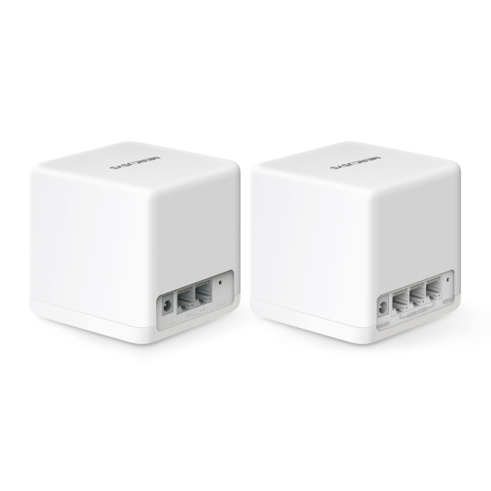 Mercusys Halo H60X Mesh WiFi 6 system 2-pak hvide kubeformede dual-band routere med Ethernet porte.