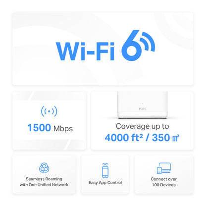 Mercusys Halo H60X Mesh Wifi 6-system 2-pak op til 1500 Mbps dual-band dækning 350 m² app-styring sømløs roaming.
