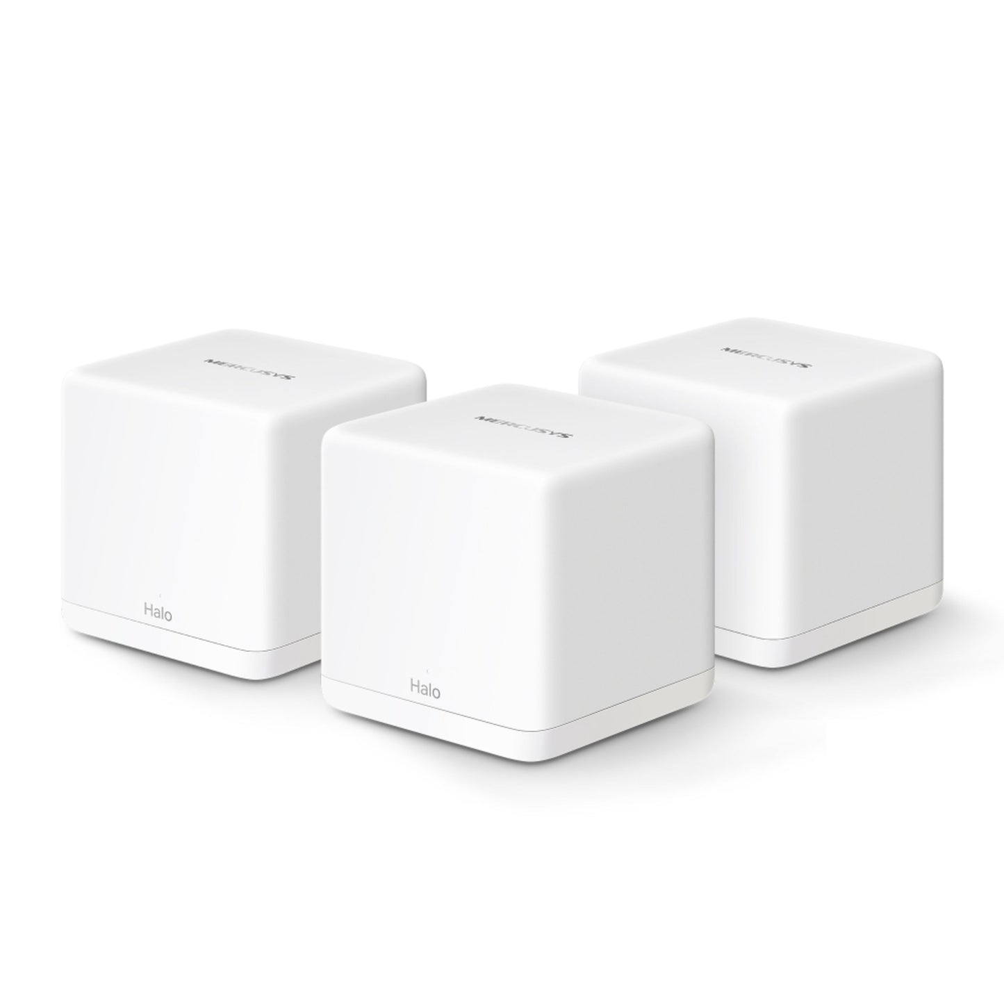 Mercusys Halo H60X Mesh WiFi 6 router 3-pak, hvide kubeformede enheder side om side.