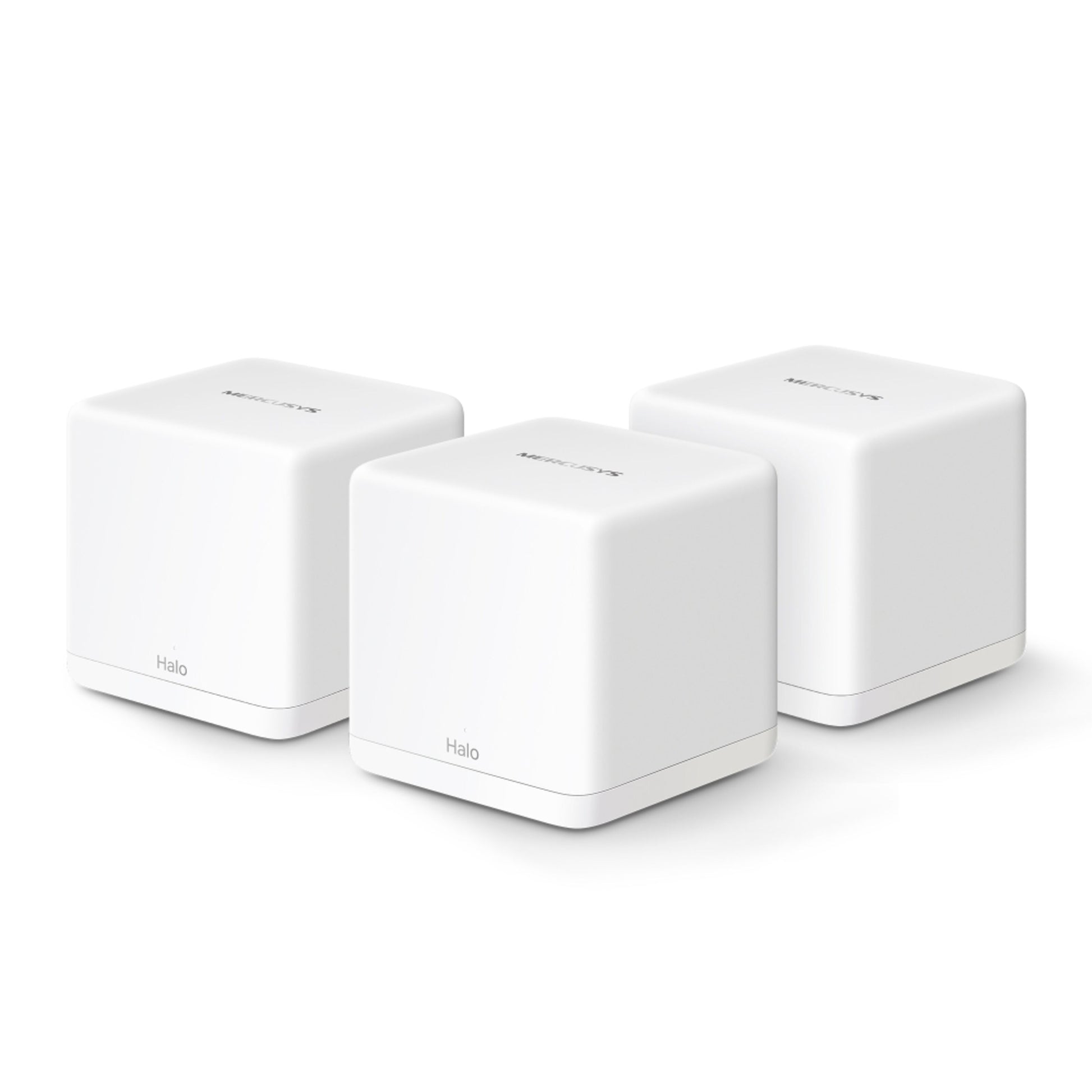 Mercusys Halo H60X Mesh WiFi 6 router 3-pak, hvide kubeformede enheder side om side.