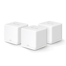 Mercusys Halo H60X Mesh WiFi 6 router 3-pak, hvide kubeformede enheder side om side.