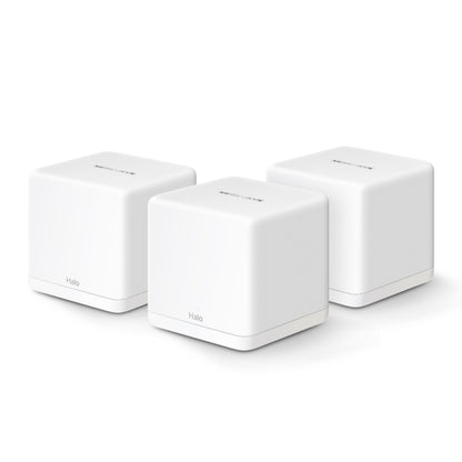 Mercusys Halo H60X Mesh WiFi 6 router 3-pak, hvide kubeformede enheder side om side.