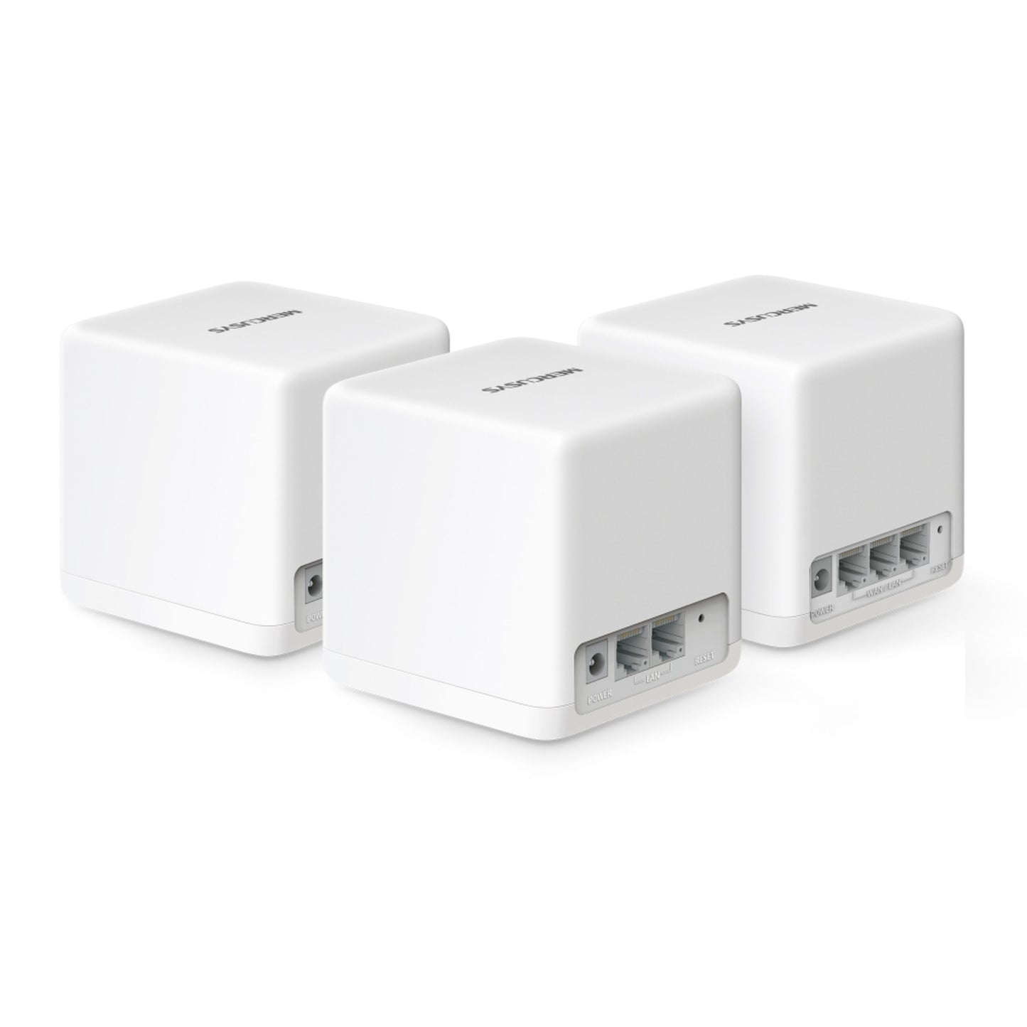 Mercusys Halo H60X WiFi 6 mesh routere, hvide kubeformede, tre stk med bageste internetporte og logo på toppen.