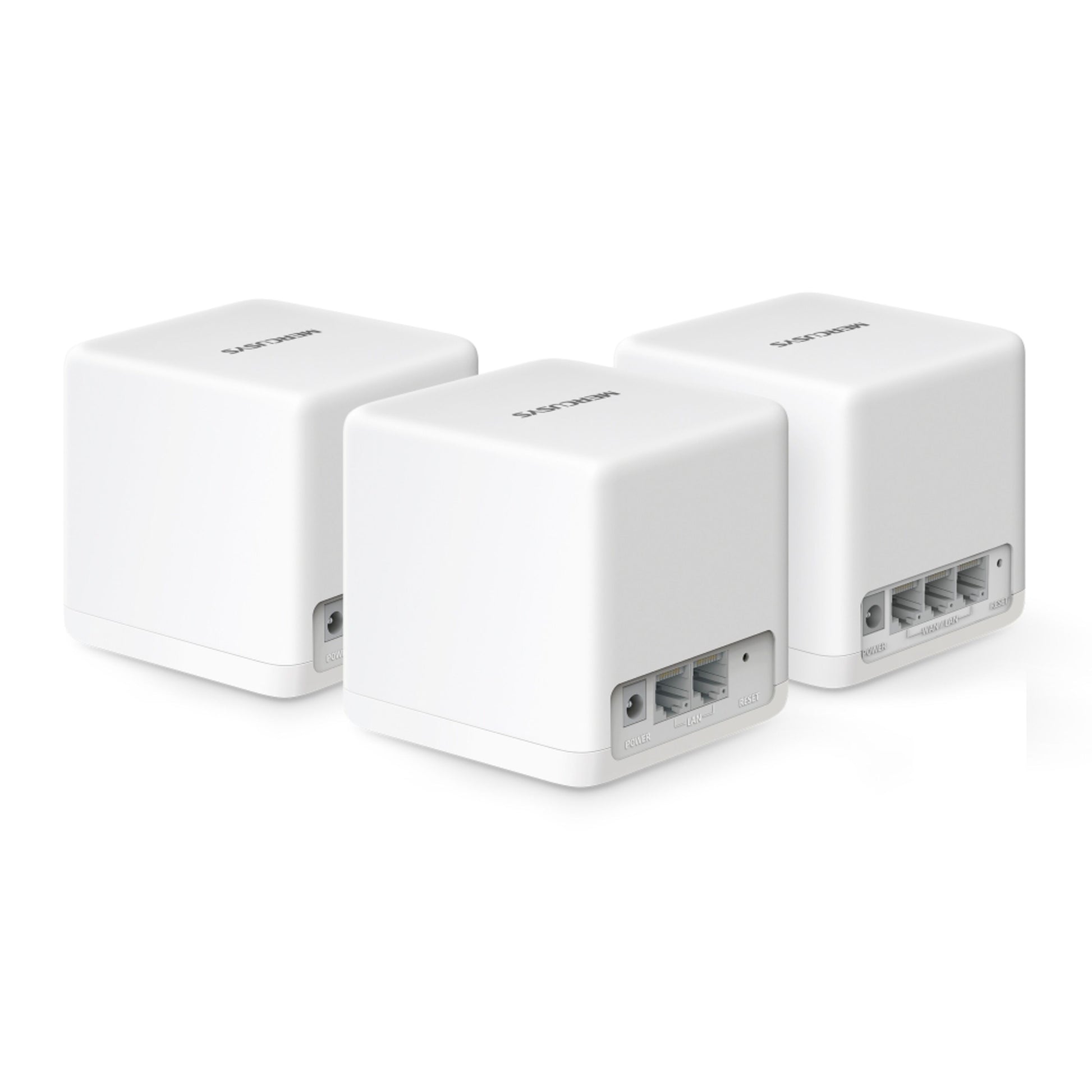 Mercusys Halo H60X WiFi 6 mesh routere, hvide kubeformede, tre stk med bageste internetporte og logo på toppen.