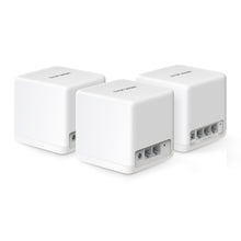 Mercusys Halo H60X WiFi 6 mesh routere, hvide kubeformede, tre stk med bageste internetporte og logo på toppen.
