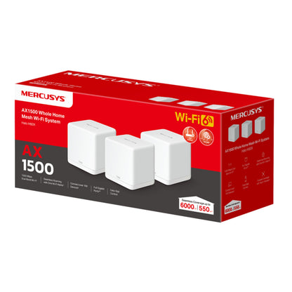 Mercusys Halo H60X Mesh Wifi 6-system 3-pakke, tre hvide enheder, AX1500 og Mesh Wifi 6 fremhævet på rød/hvid æske.