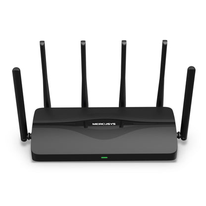 Mercusys MR47BE Tri-Band WiFi 7 router sort, fem eksterne antenner, grøn indikator, tri-band support, 5 Gb/s porte.