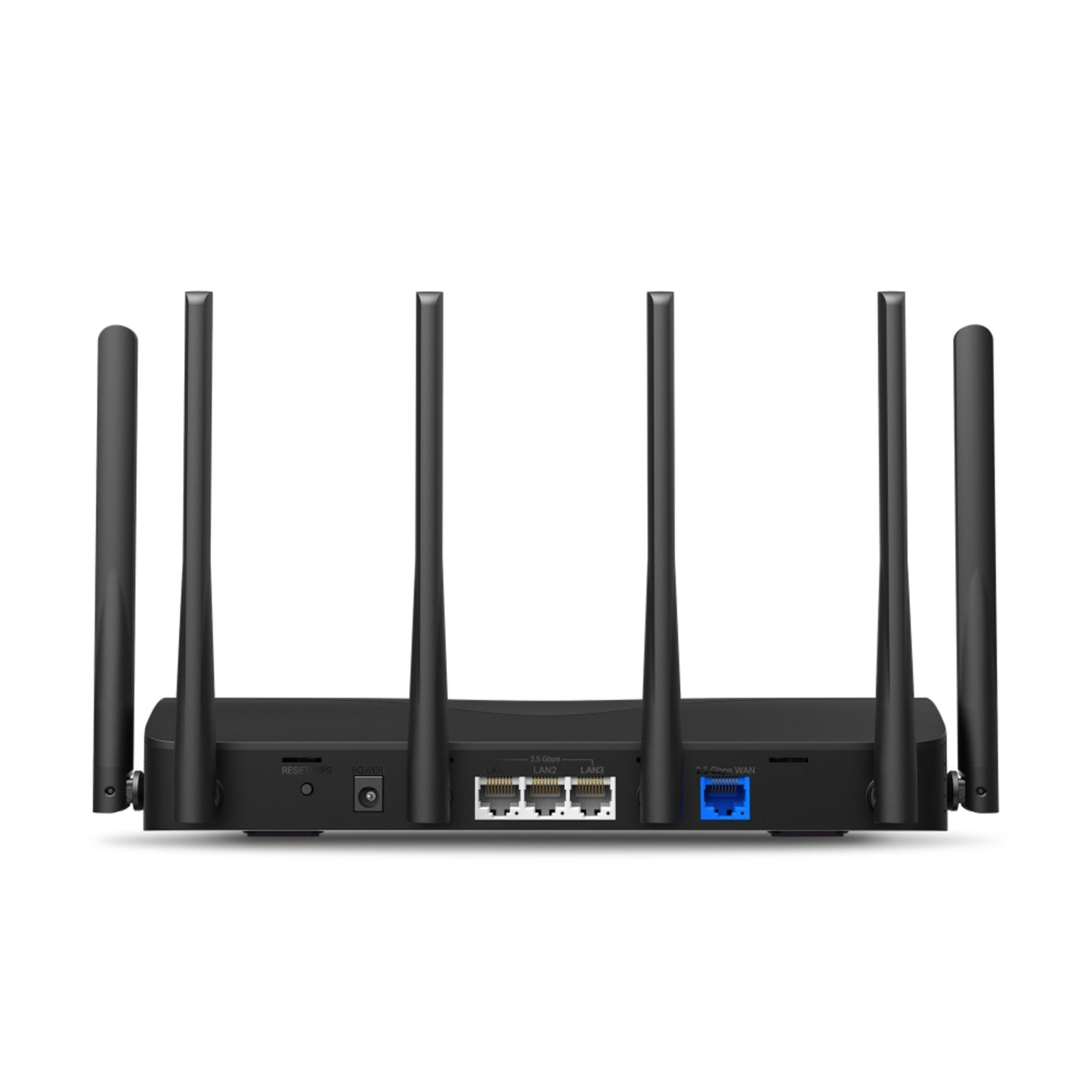 Mercusys MR47BE Tri-Band WiFi 7-router bagfra med fire antenner, flere Ethernet-porte, strømstik, reset og USB-port.