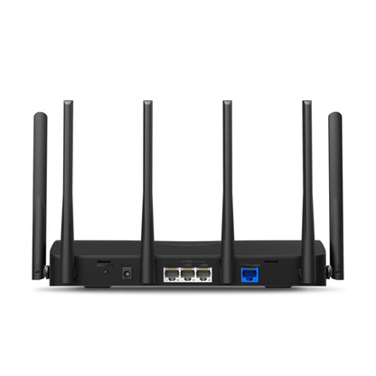 Mercusys MR47BE Tri-Band WiFi 7-router bagfra med fire antenner, flere Ethernet-porte, strømstik, reset og USB-port.
