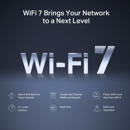 Mercusys MR47BE tri-band WiFi 7-router med 6GHz bånd, 320MHz kanal, multi-link, lav latenstid, 4K QAM, 5Gb/s port.