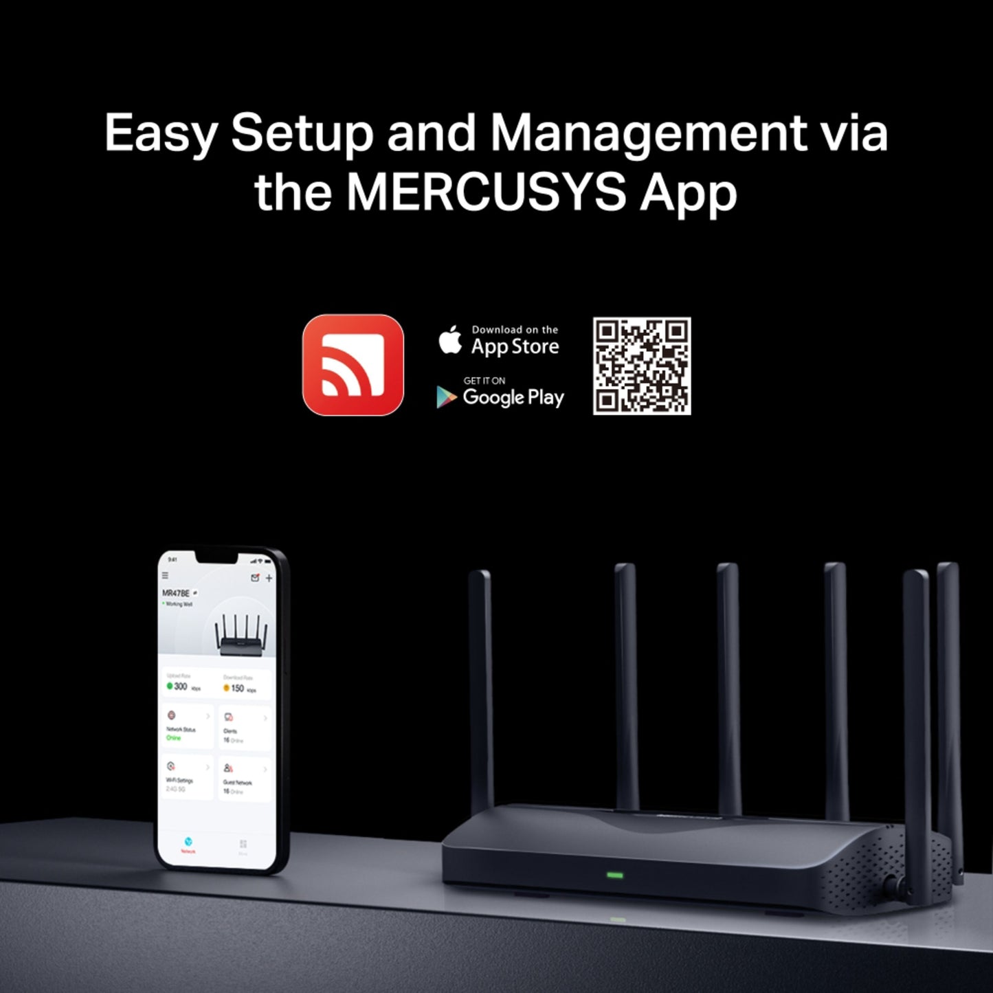 MERCUSYS MR47BE Tri-Band WiFi 7-router med seks antenner, smartphone med MERCUSYS app, App Store og Google Play ikoner.