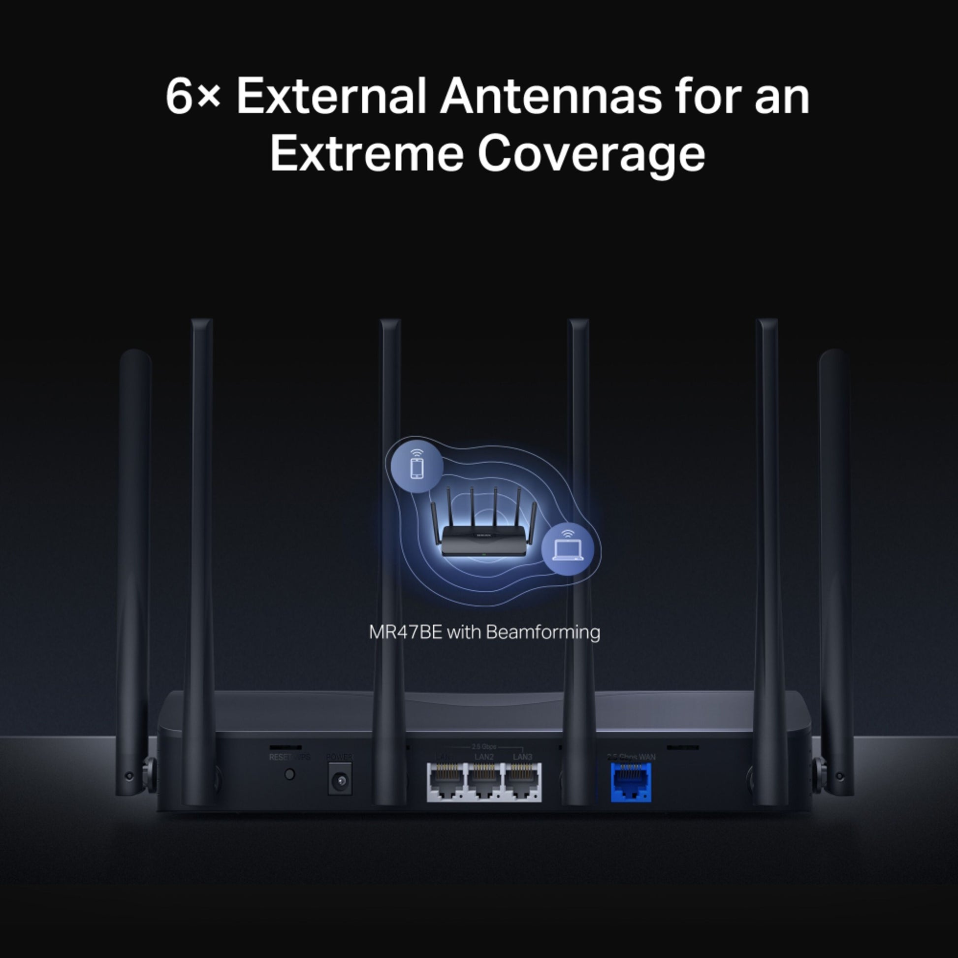 Mercusys MR47BE Tri-Band WiFi 7-router sort med 6 eksterne antenner, Beamforming og 5 Gb/s porte.