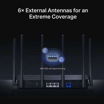 Mercusys MR47BE Tri-Band WiFi 7-router sort med 6 eksterne antenner, Beamforming og 5 Gb/s porte.