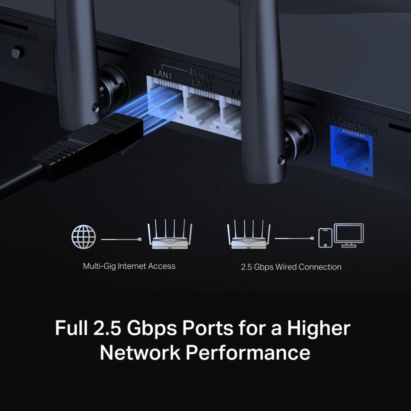 Mercusys MR47BE Tri-Band WiFi 7-router bagpanel med flere Ethernet-porte inkl. 2,5 Gbps-port og tri-band WiFi-logo.