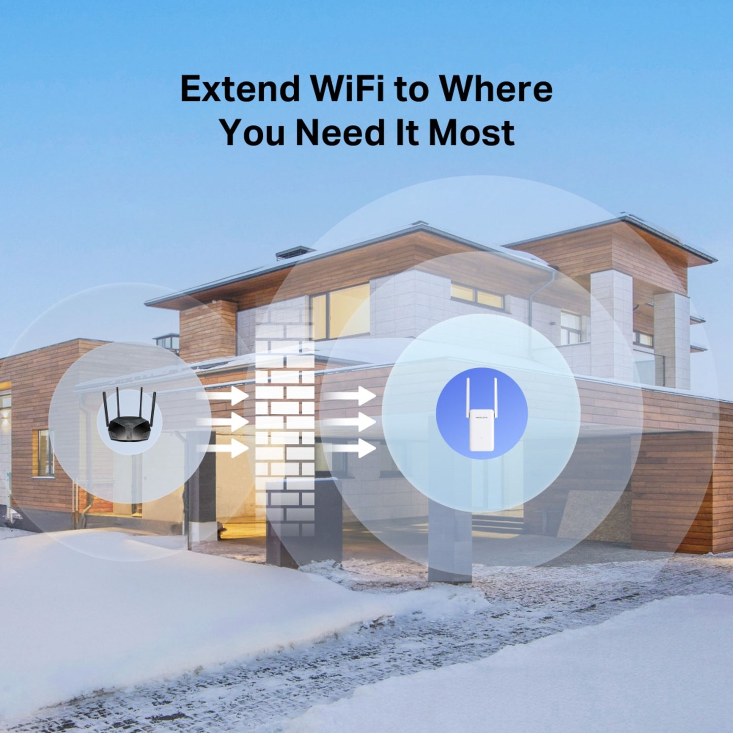 Mercusys ME80X AX3000 Wi-Fi 6 Repeater udvider dækning, grafik viser signal udenfor huset, modelnavn synlig.