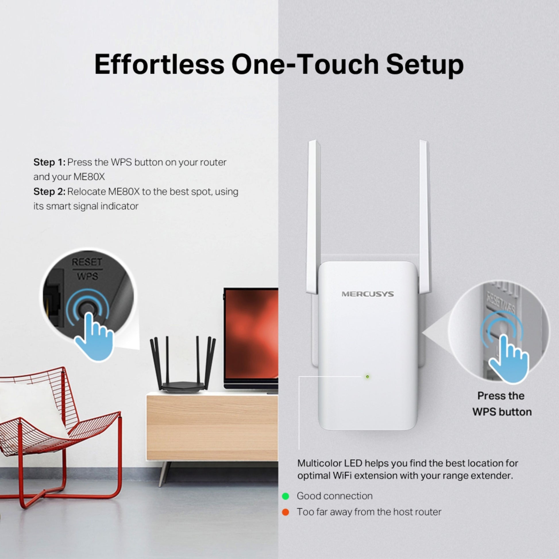 Mercusys ME80X Wi-Fi 6 Repeater AX3000 opsætningsguide med WPS-knap, signalstyrkeikoner og router samt extender i baggrunden.