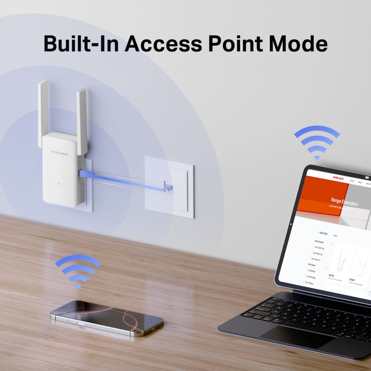 Mercusys ME80X Wi-Fi 6 repeater AX3000 hvid, til stikkontakt, blå ethernetkabel, tekst: Indbygget adgangspunkt-tilstand.