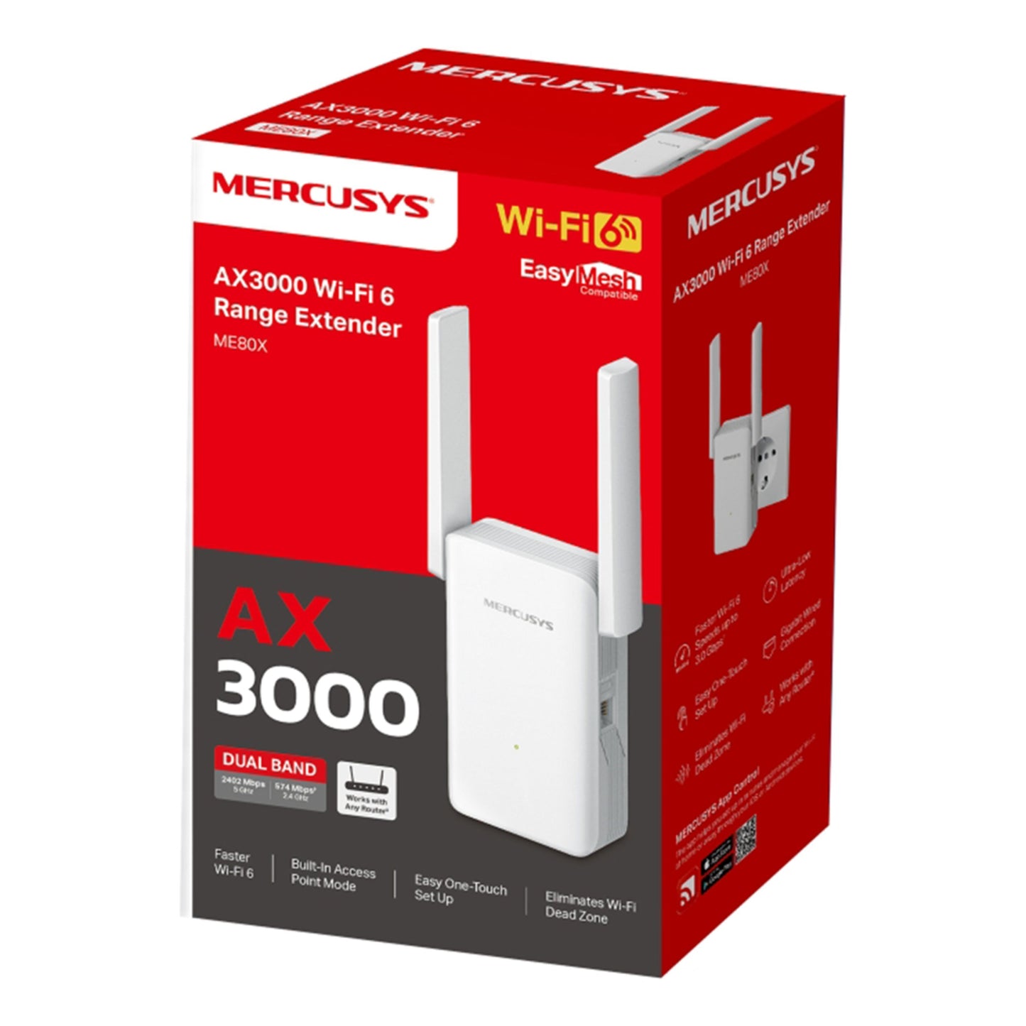 Mercusys ME80X Wi-Fi 6 Repeater AX3000 i rød/hvid æske med EasyMesh, dual-band og opsætningsikoner på sider/front.