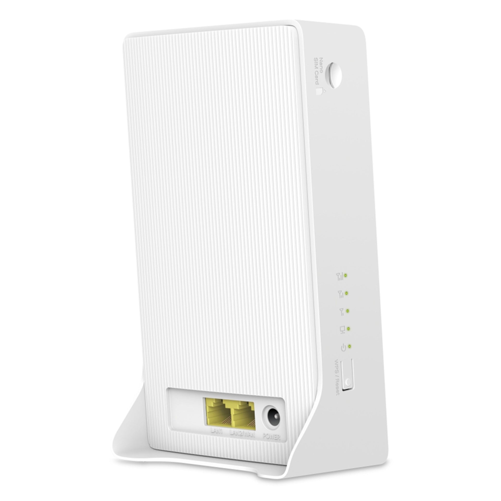 Mercusys MB230-4G AC1200 4G+ LTE hvid Wi-Fi 5 router med lodrette riller, to gule Ethernetporte, strømstik og WPS-knap.
