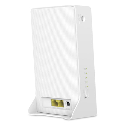 Mercusys MB230-4G AC1200 4G+ LTE hvid Wi-Fi 5 router med lodrette riller, to gule Ethernetporte, strømstik og WPS-knap.