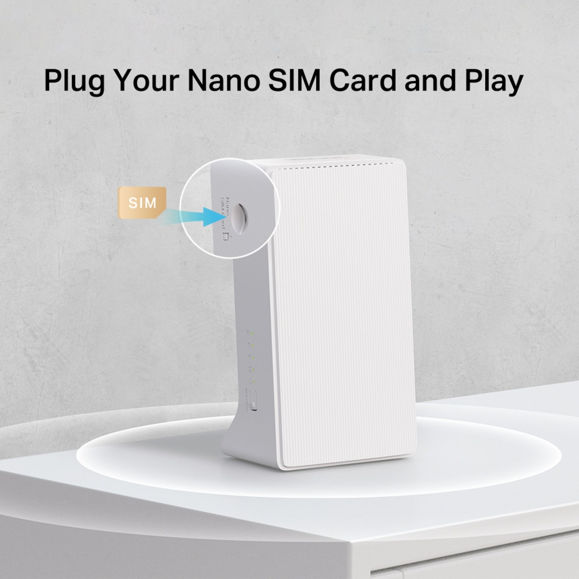 Mercusys MB230-4G AC1200 4G+ LTE Router hvid, tekst Plug Your Nano SIM Card and Play, SIM-slot grafik vises.